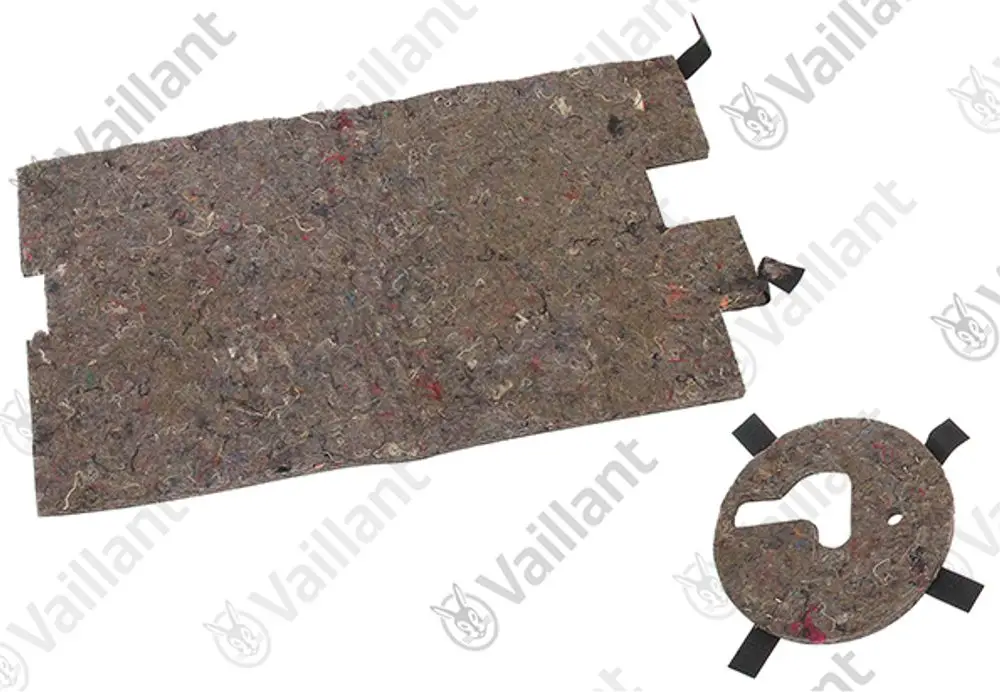 Vaillant-Isolierung für einen Kompressor, bestehend aus zwei Teilen: einer rechteckigen Fläche und einem runden Element, beide aus einer grauen, textilen Materialstruktur.